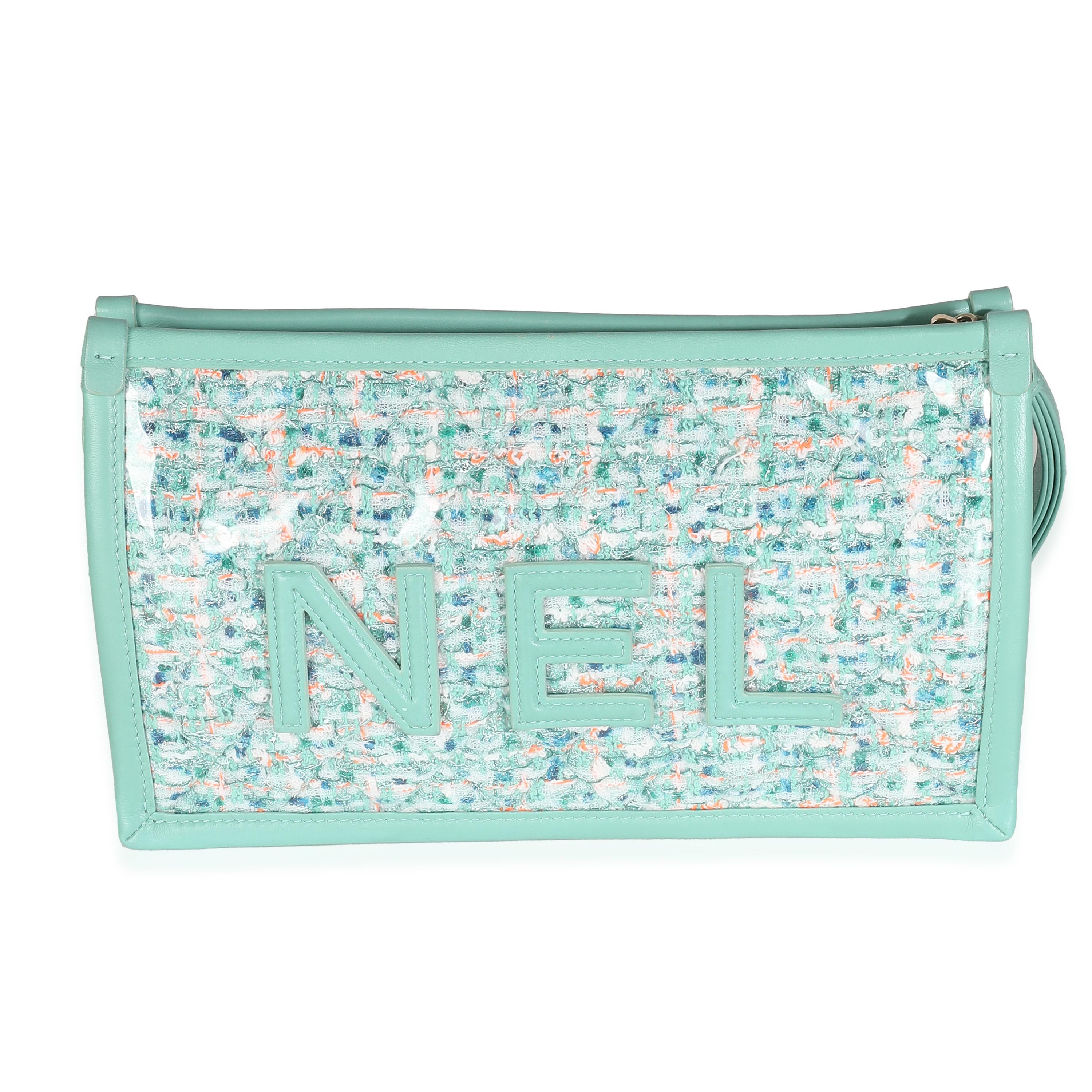 Chanel Green Tweed PVC Lambskin Chanel Logo Wristlet Pouch For Sale 4