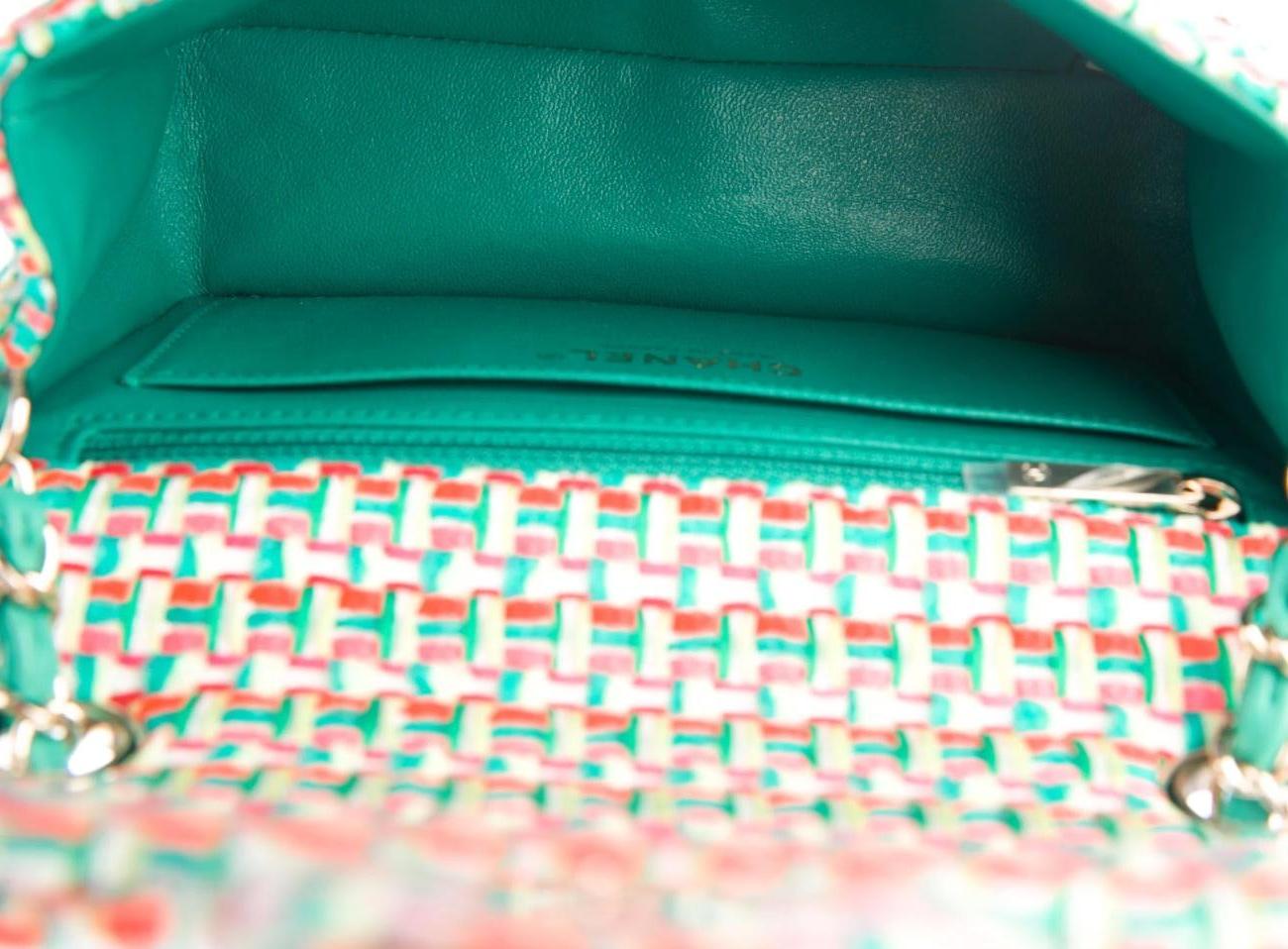 Chanel Green White Pink Tweed Gold Small Mini Evening Flap Shoulder Bag For Sale at 1stDibs