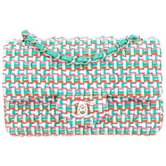Chanel Green White Pink Tweed Gold Small Mini Evening Flap Shoulder Bag