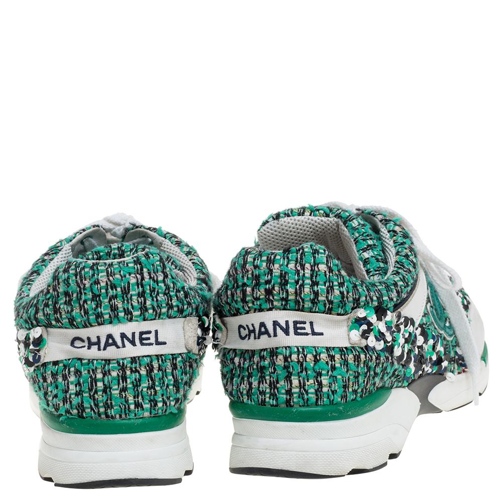 Chanel Green/White Tweed/Leather and Sequins Low Top CC Sneakers Size 40 1