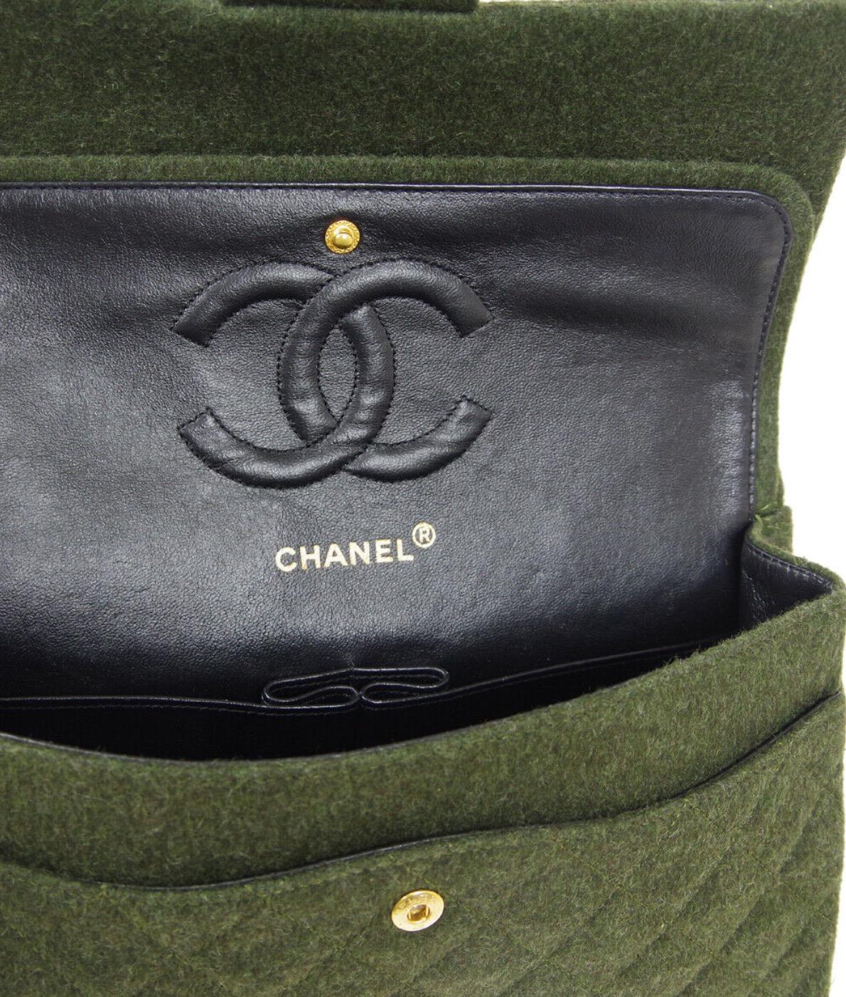 Chanel Green Wool Gold Medium Double Evening Shoulder Flap Bag In Good Condition In Chicago, IL