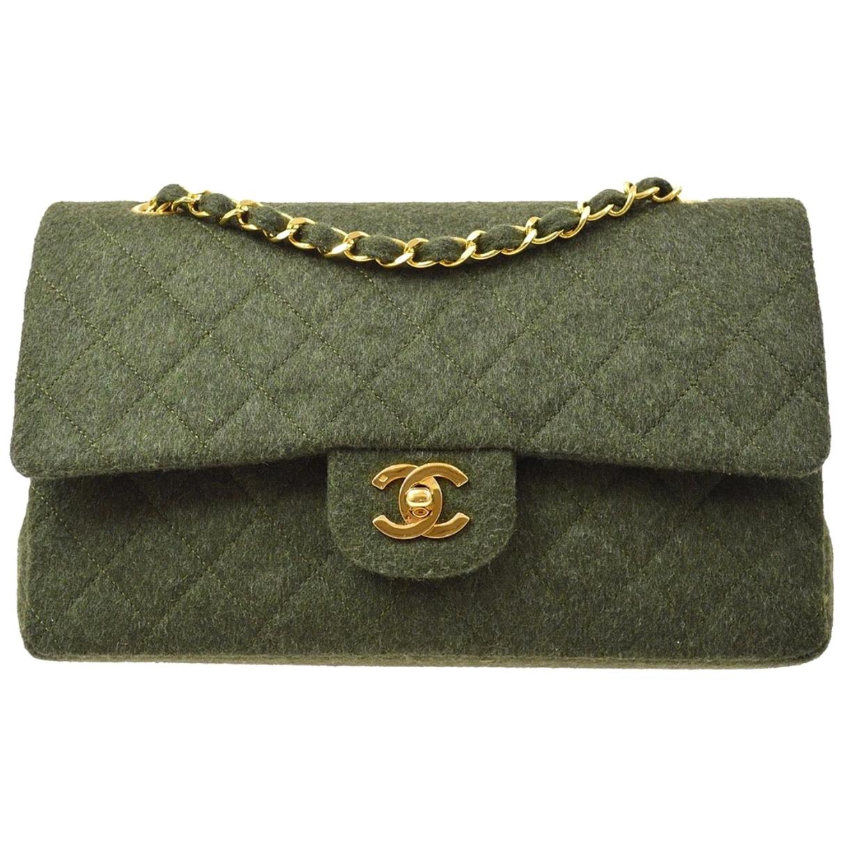 Chanel Green Wool Gold Medium Double Evening Shoulder Flap Bag