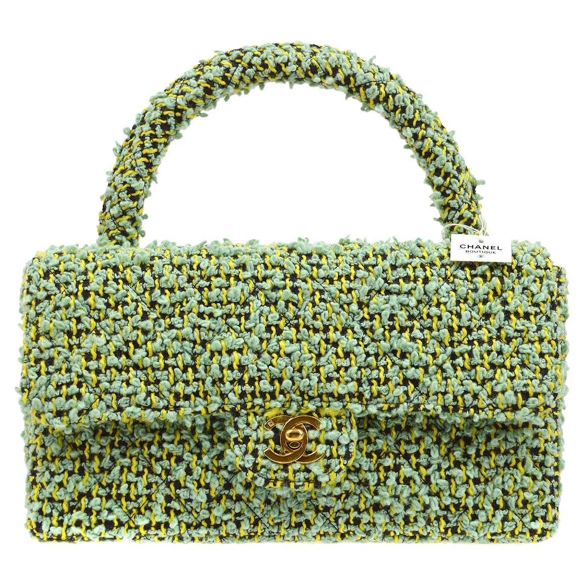 CHANEL Green Yellow Black Tweed Gold Medium Top Handle Kelly Flap Bag For  Sale at 1stDibs