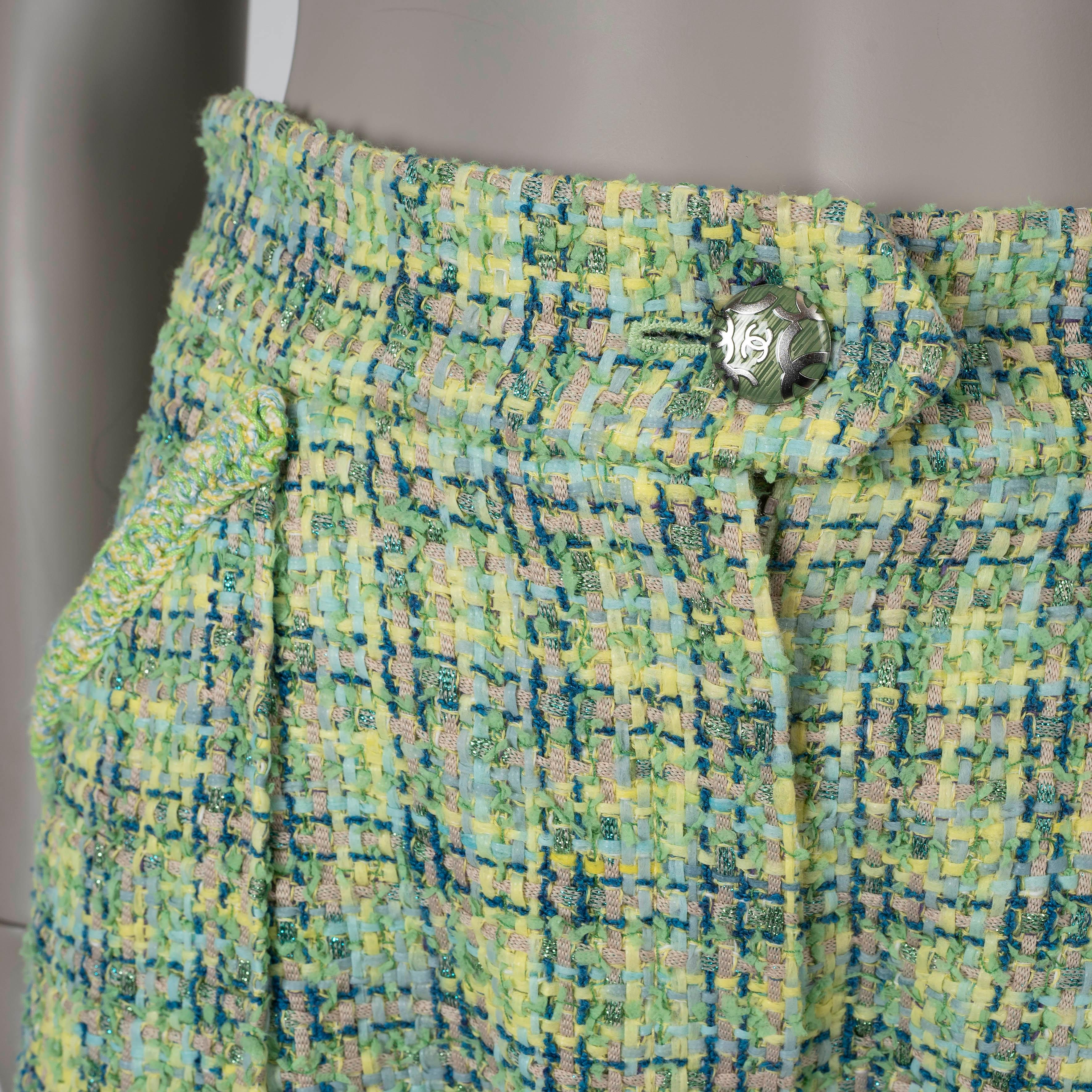 CHANEL coton vert & jaune 2019 19P TWEED BERMUDA Short Pantalon 40 M en vente 1