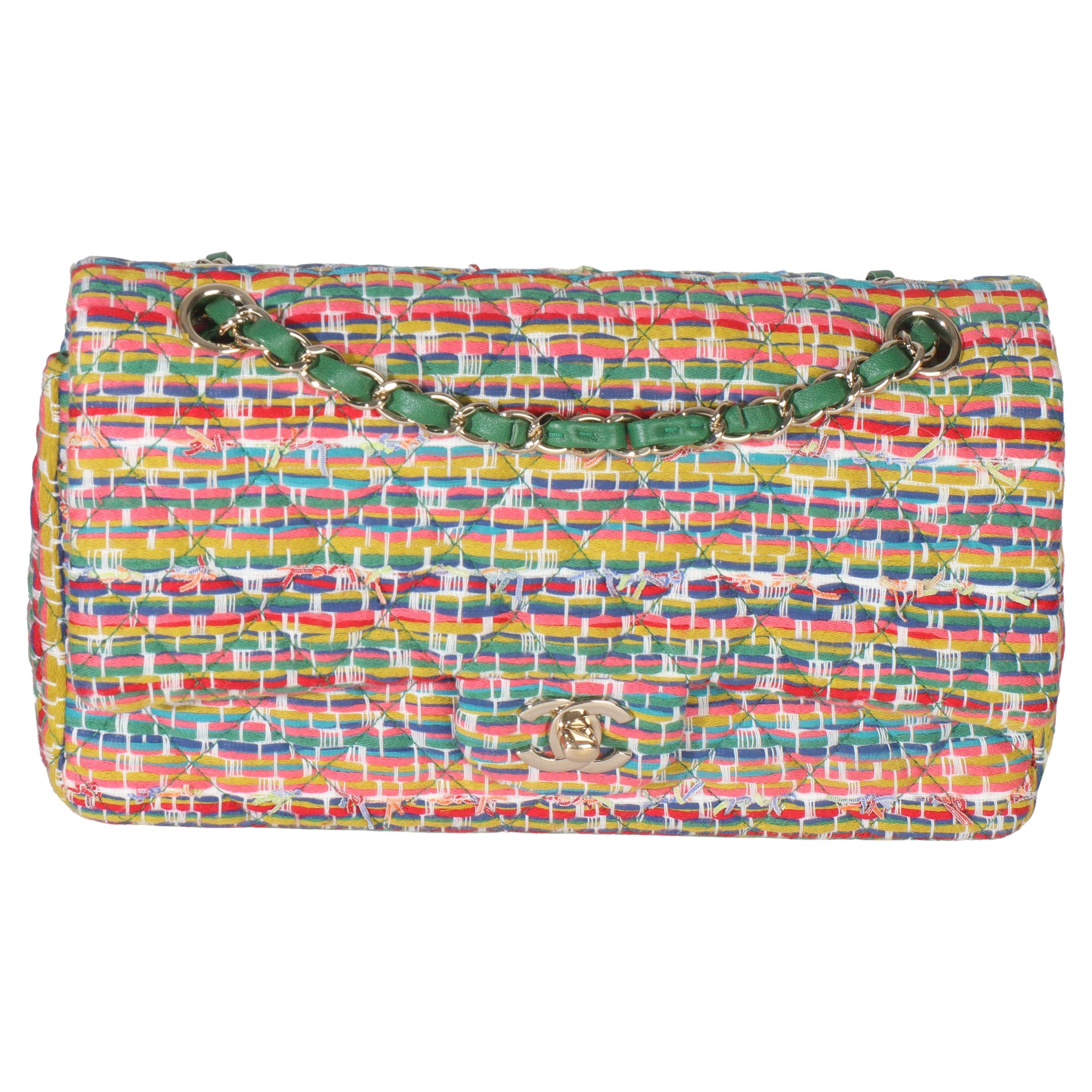 Chanel Grün Gelb Rot Multicolor Tweed Medium Classic Double Flap Tasche im Angebot