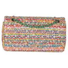 Chanel Green Yellow Red Multicolor Tweed Medium Classic Double Flap Bag