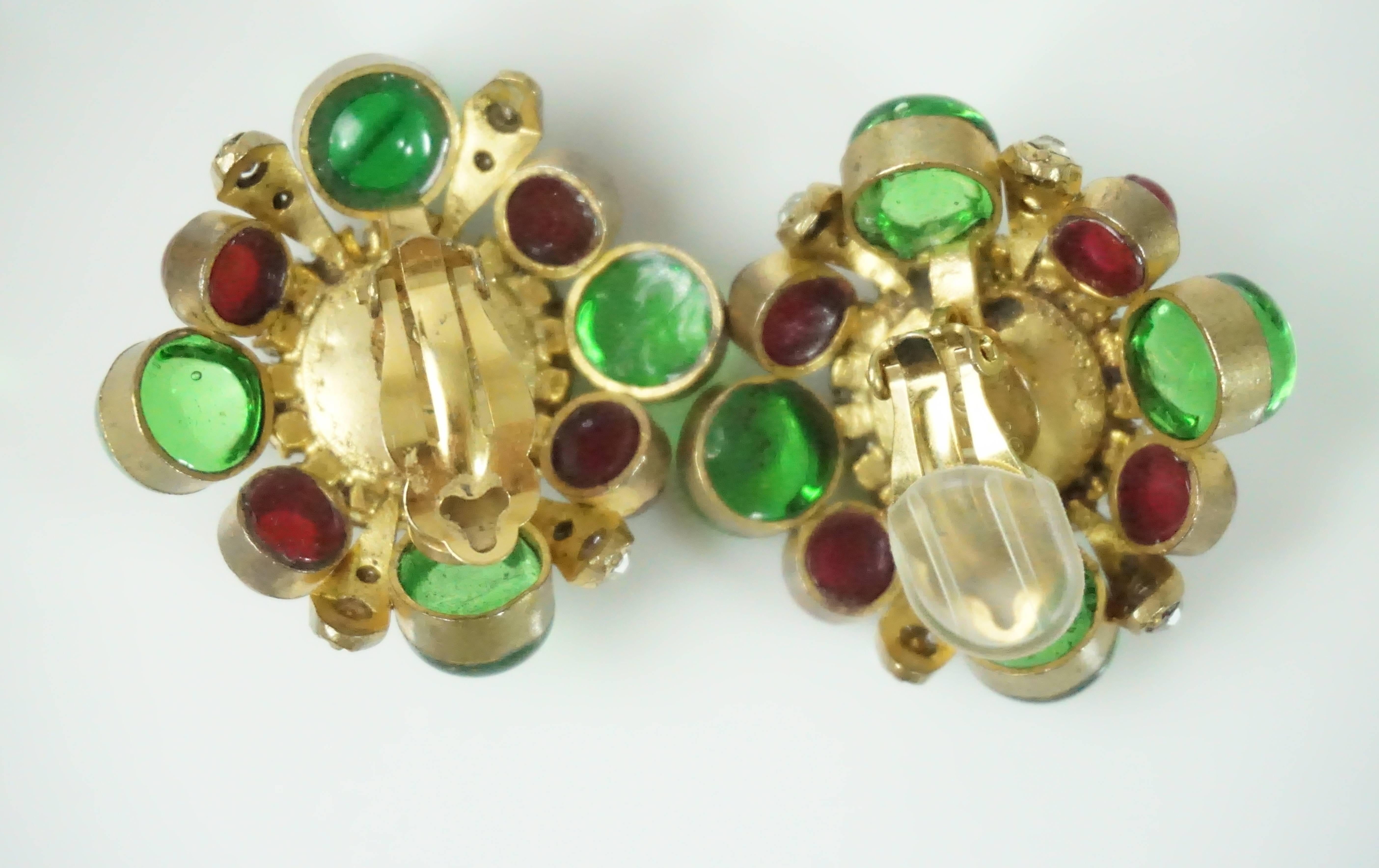 Chanel Green/Red Gripoix and Pearl Earrings - Circa 70's In Excellent Condition In West Palm Beach, FL