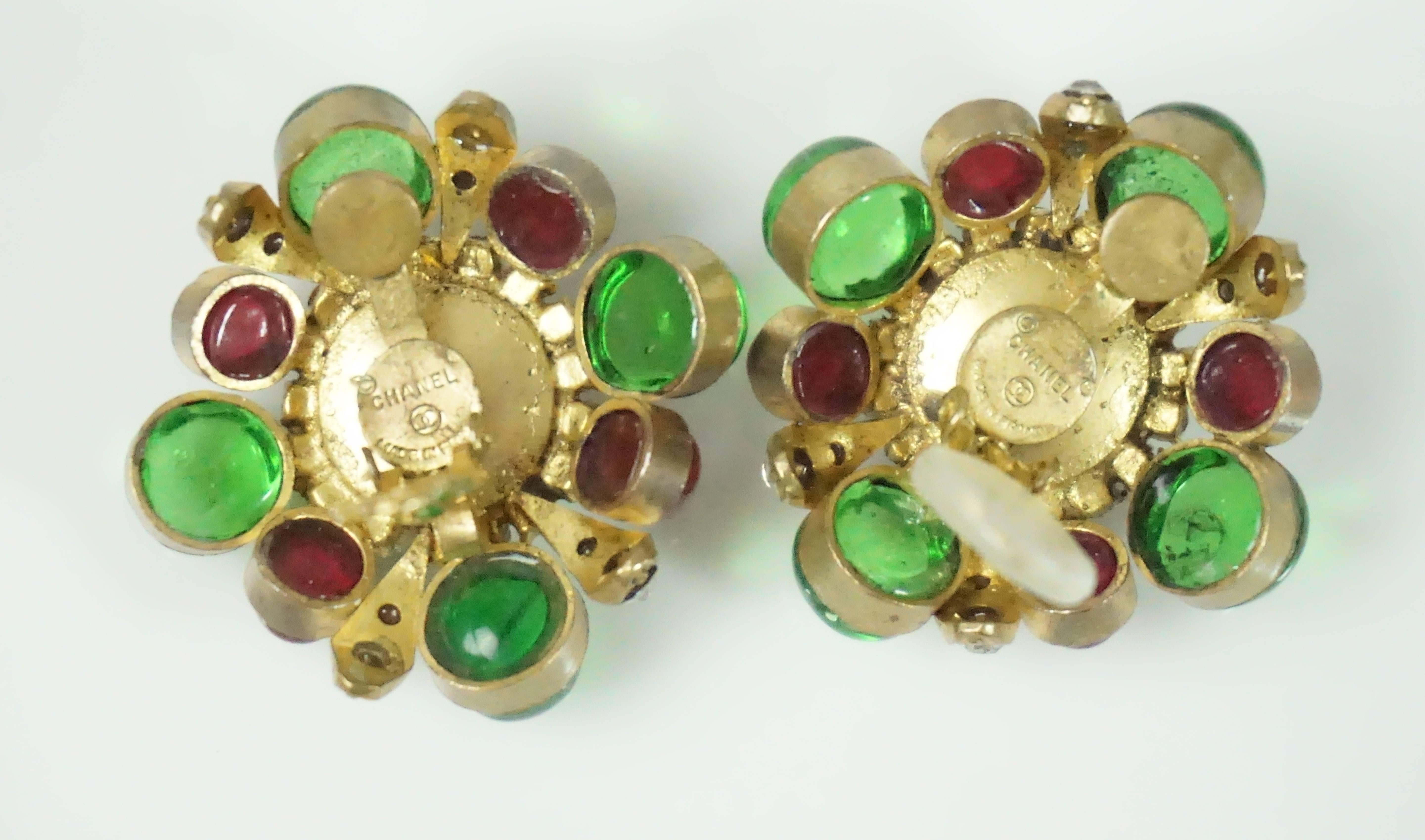 Chanel Green/Red Gripoix and Pearl Earrings - Circa 70's 1