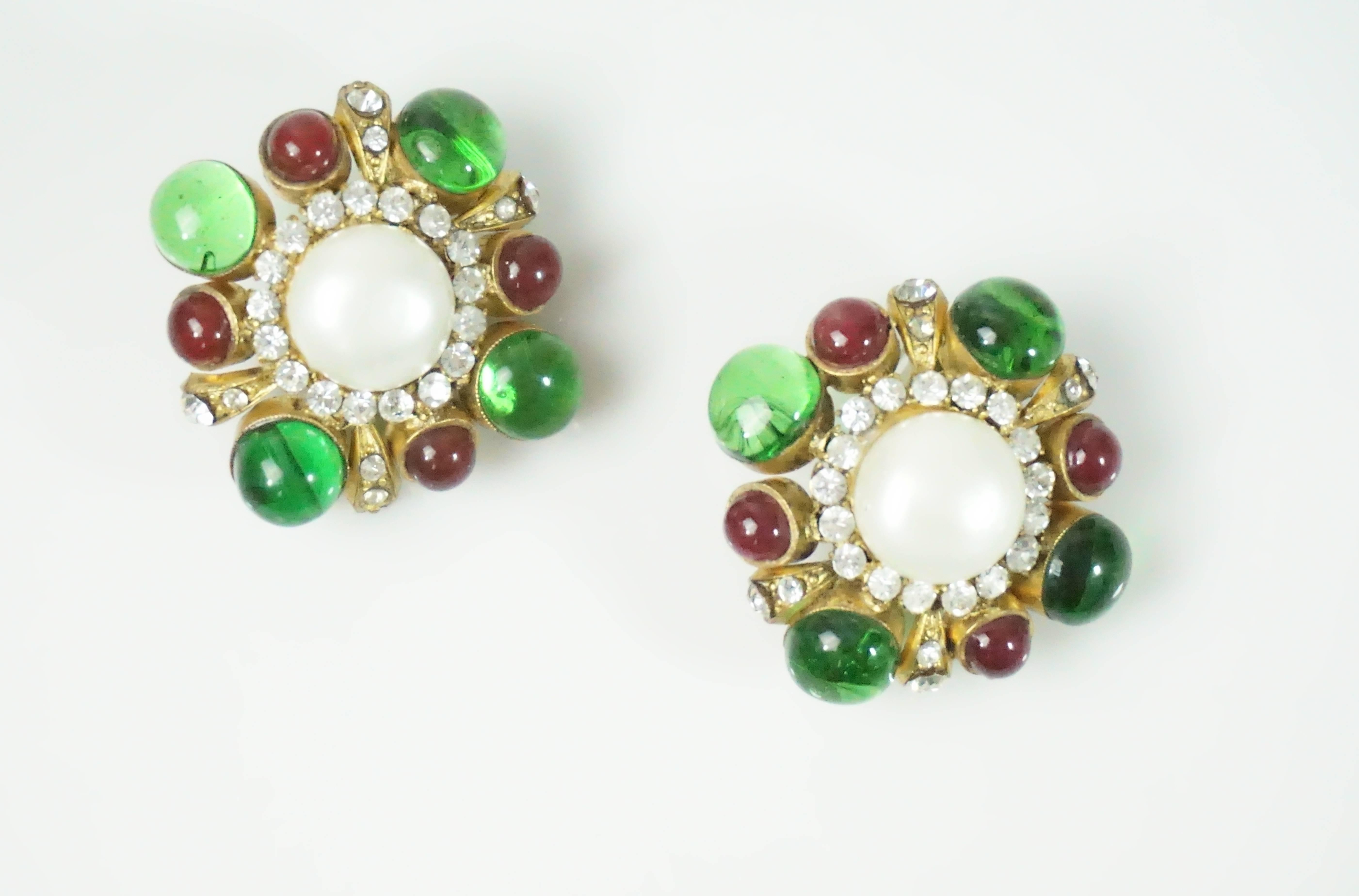 Chanel Green/Red Gripoix and Pearl Earrings - Circa 70's 2