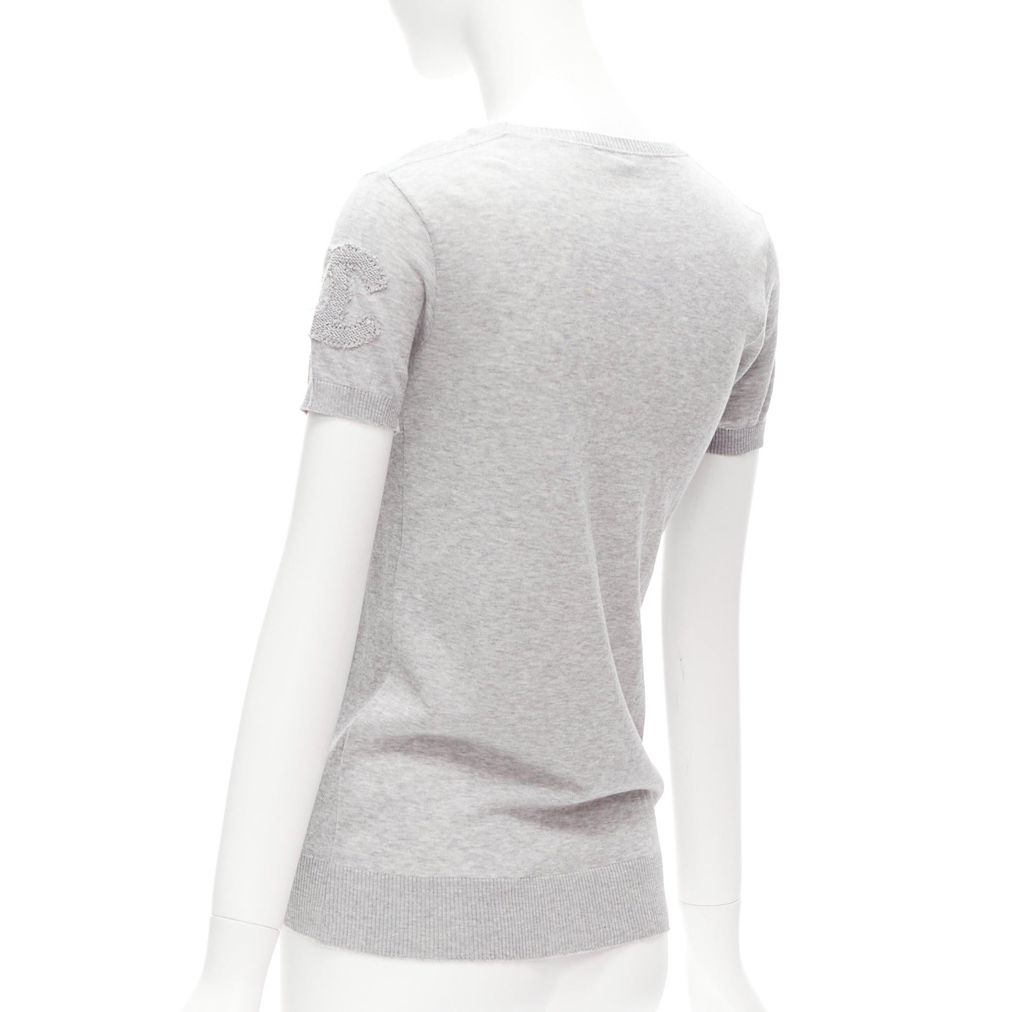 Women's CHANEL grey 100% cotton CC logo short sleeve knitted top FR36 S