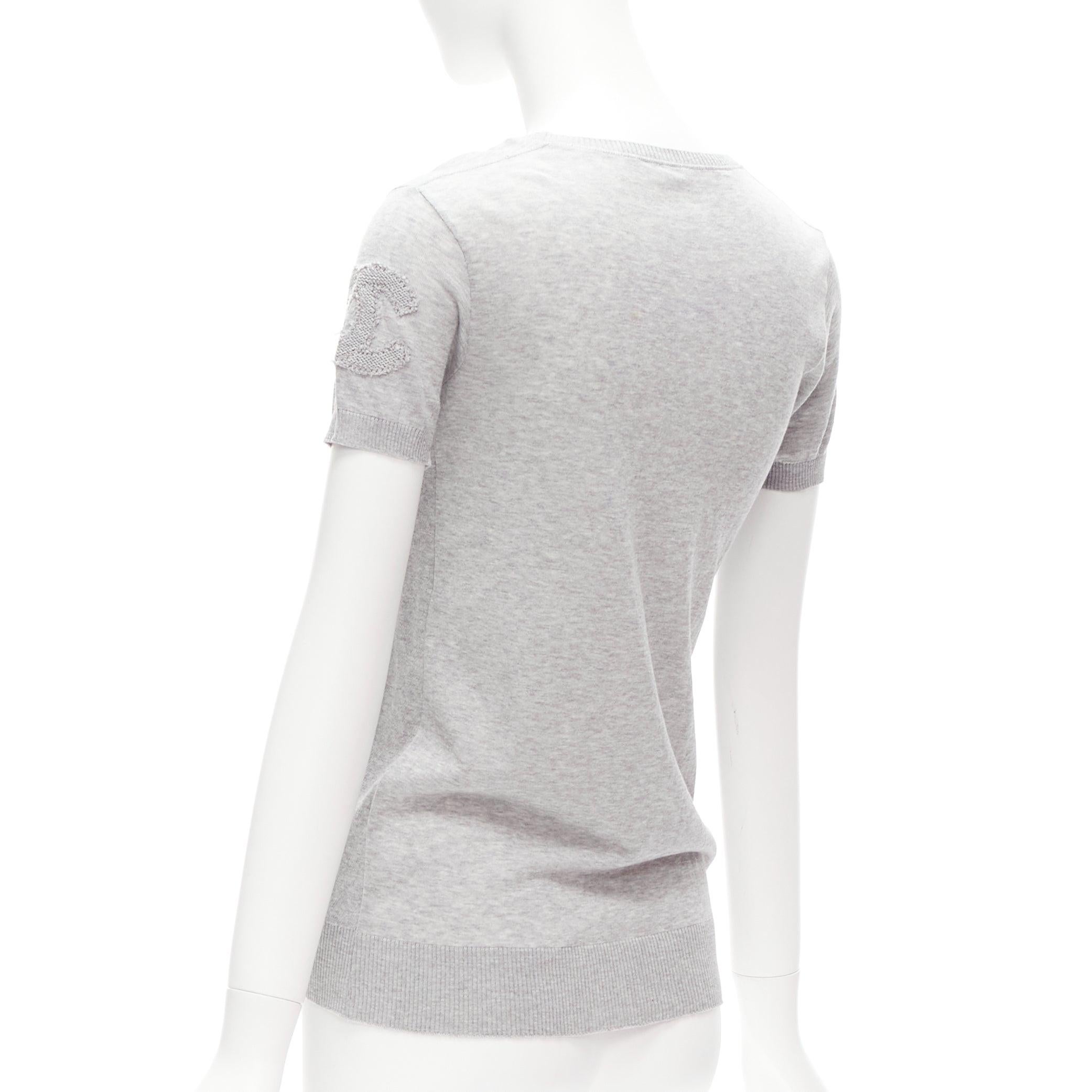 CHANEL grey 100% cotton CC logo short sleeve knitted top FR36 S 1