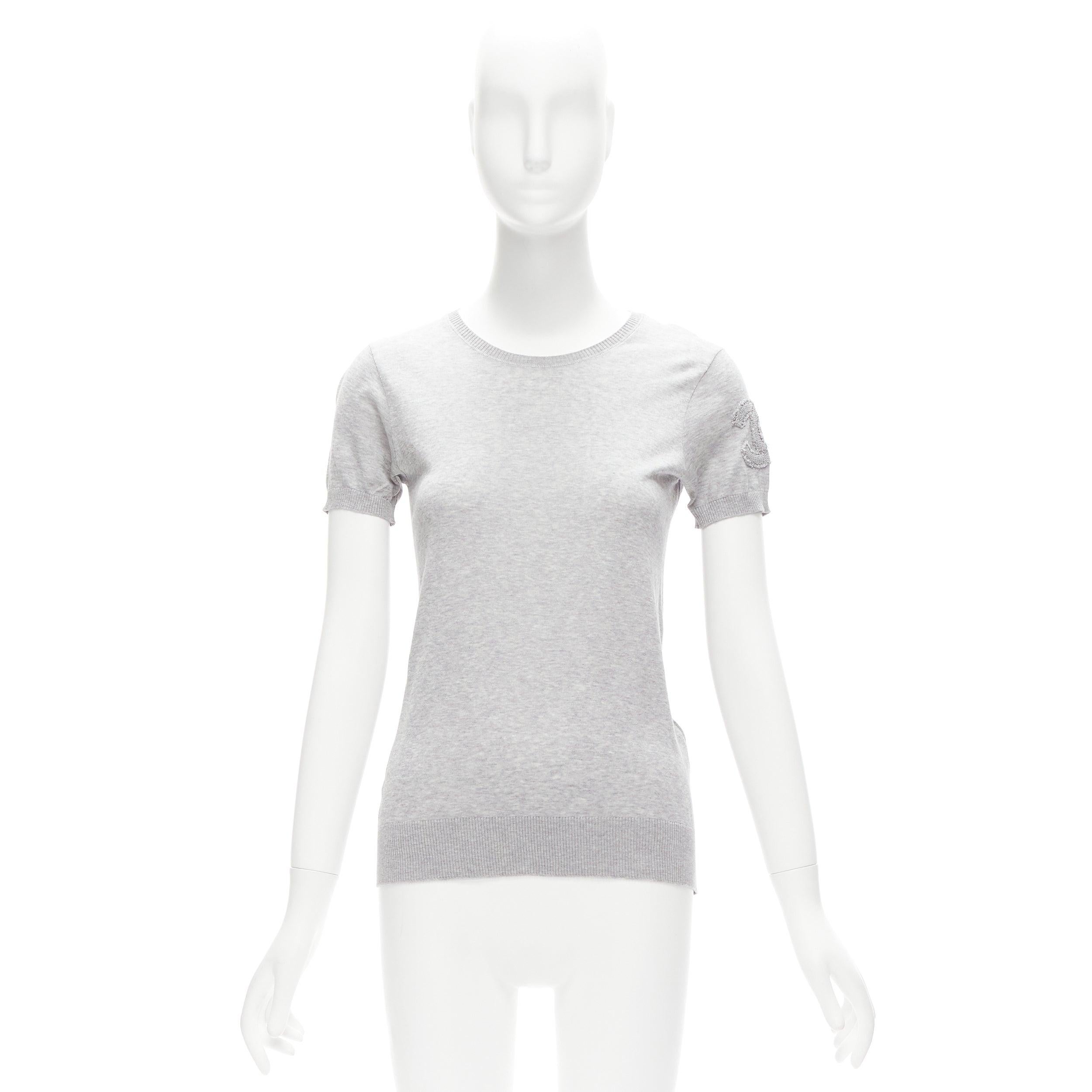 CHANEL grey 100% cotton CC logo short sleeve knitted top FR36 S 4