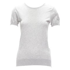 CHANEL grey 100% cotton CC logo short sleeve knitted top FR36 S