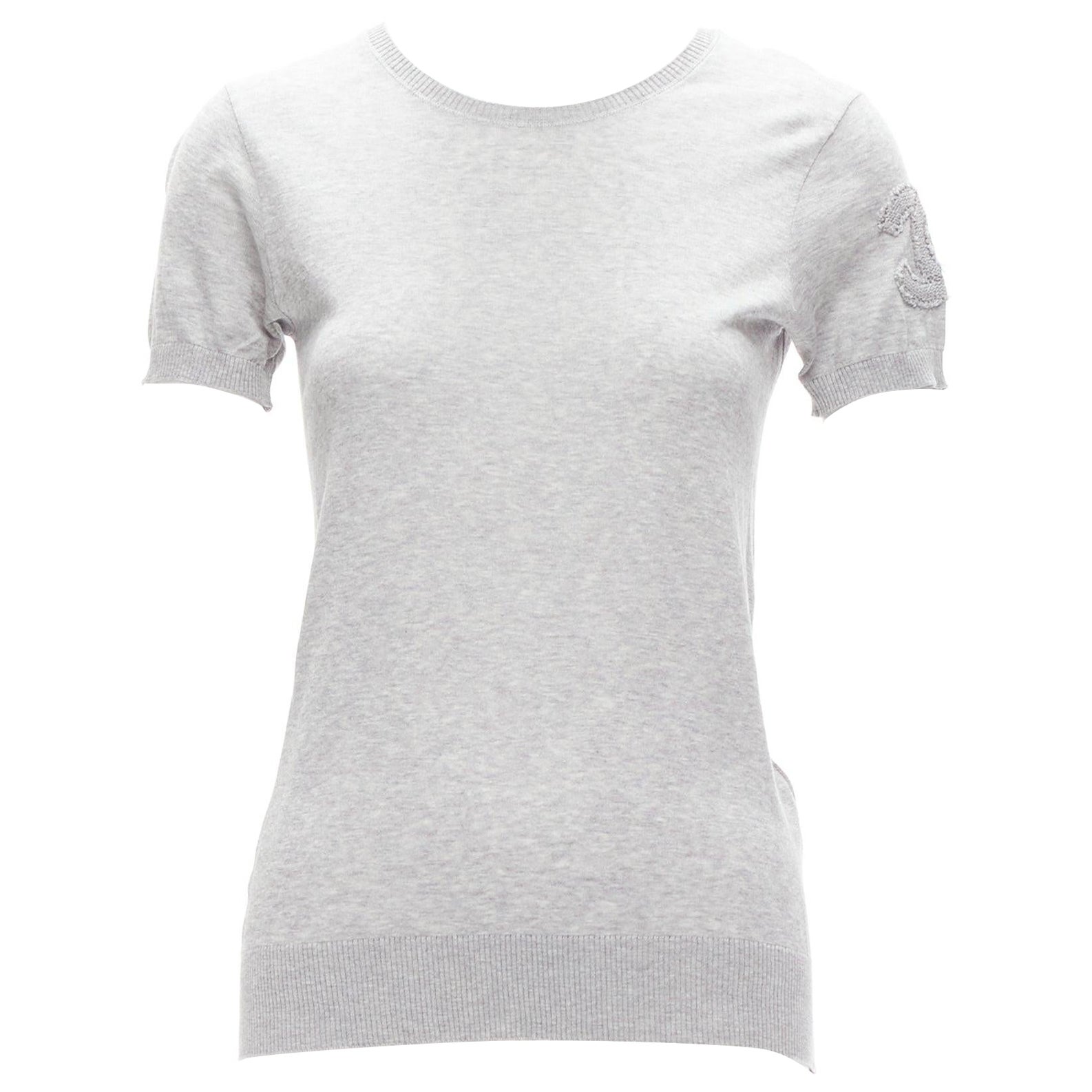CHANEL grey 100% cotton CC logo short sleeve knitted top FR36 S