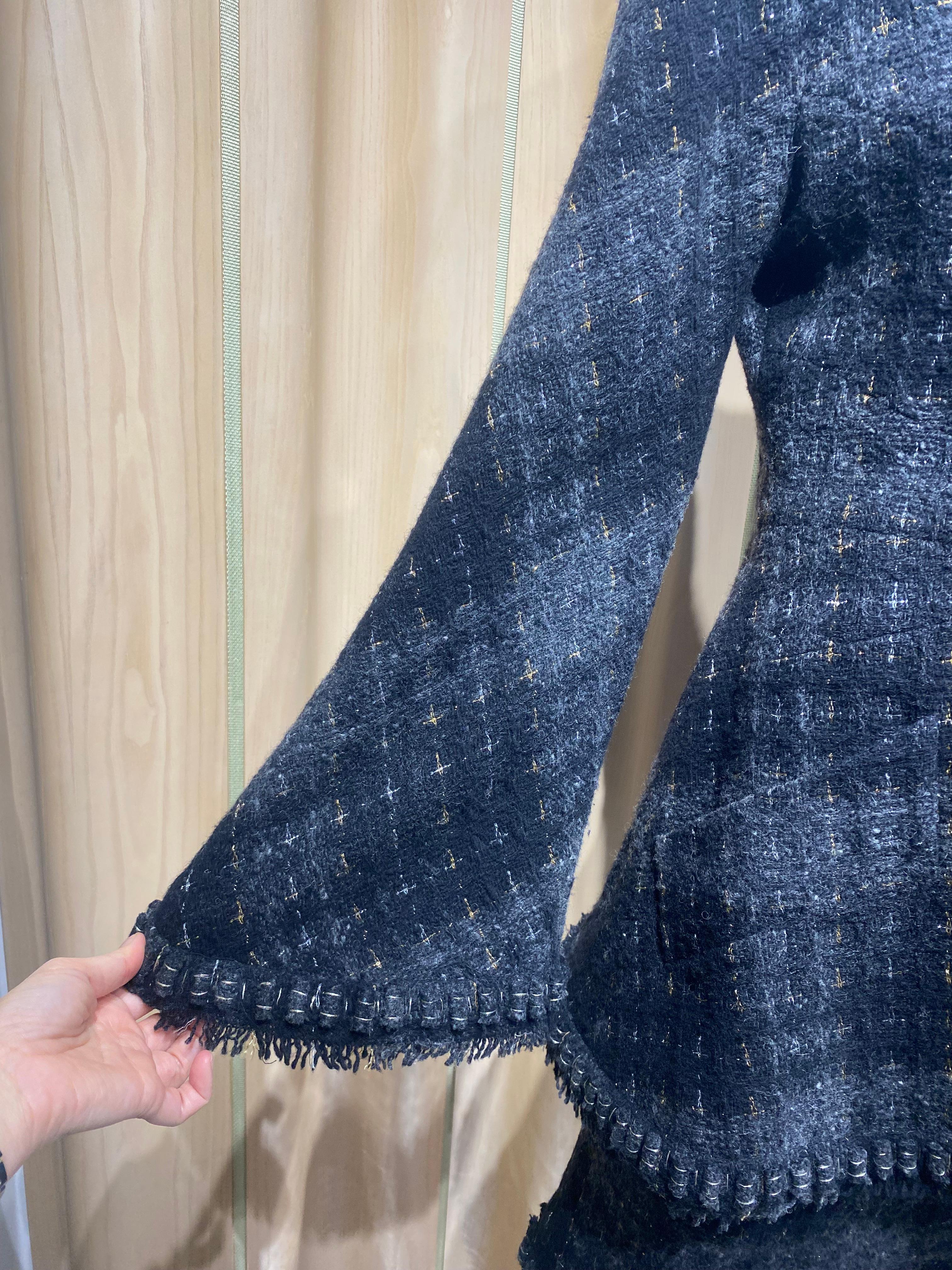 Chanel Grey and Black Wool Skirt Suit For Sale 3