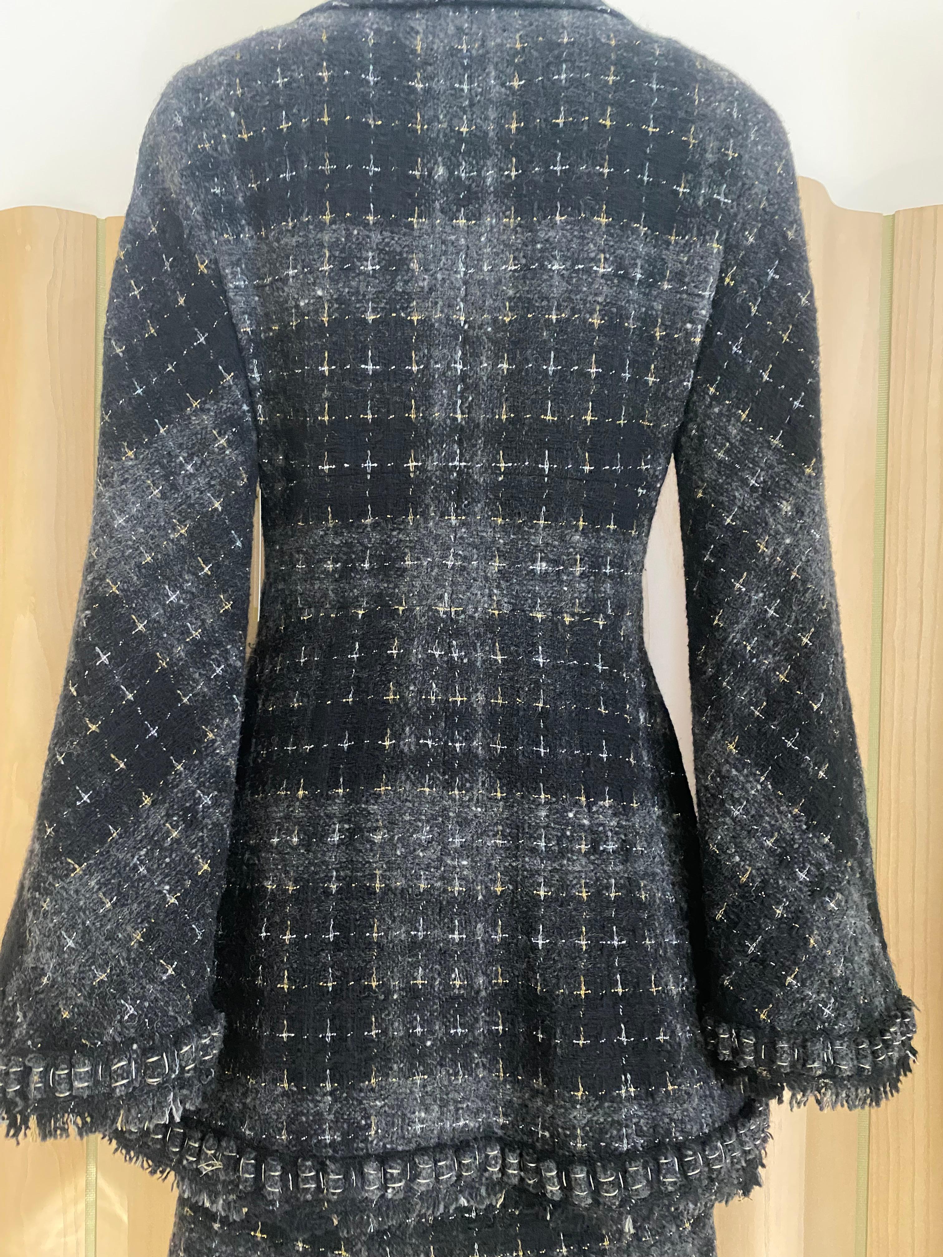 Chanel Grey and Black Wool Skirt Suit For Sale 4