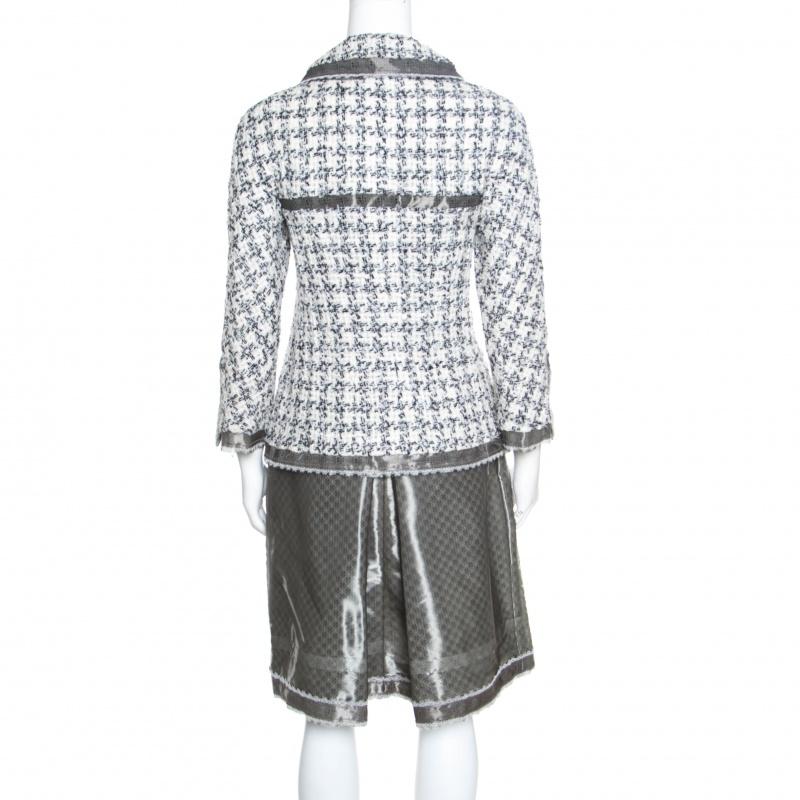 Gray Chanel Grey and White Textured Lace Trim Jacket and Skirt Set M
