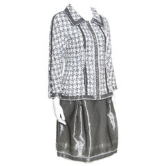 Chanel Grey and White Textured Lace Trim Jacket and Skirt Set M