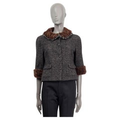 CHANEL grey & beige 2005 FUR COLLAR CROPPED TWEED Jacket 42 L 05A