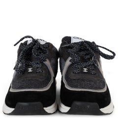 CHANEL grey & black 22K TWEED & SUEDE LOW TOP Sneakers Shoes 38