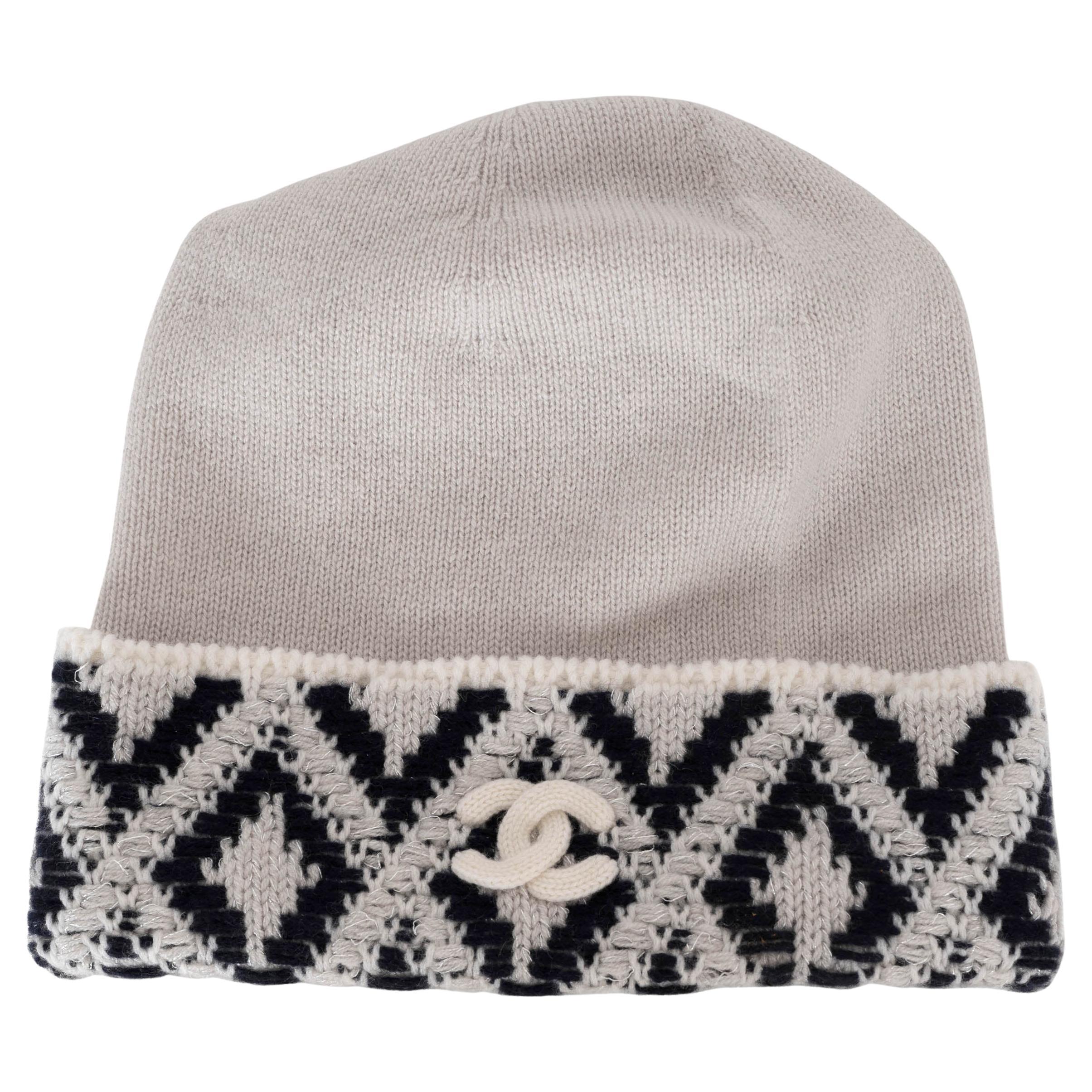 CHANEL grey & black cashmere LUREX Beanie Hat