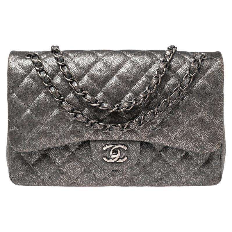 Chanel Grey/Black Caviar Leather Jumbo Classic Double Flap Bag