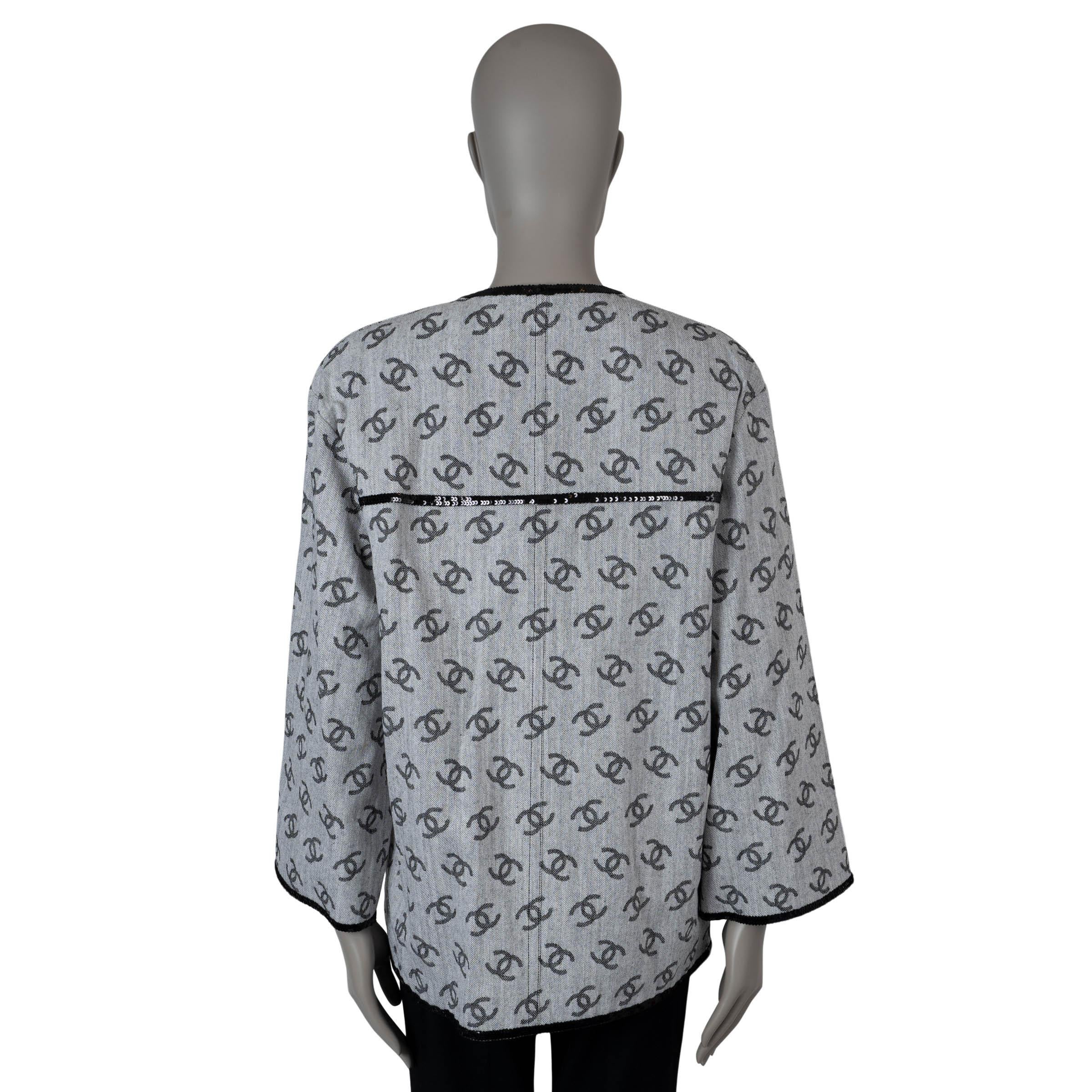 Black CHANEL grey black cotton 2022 22S ALL-OVER LOGO DENIM Jacket 42 L For Sale