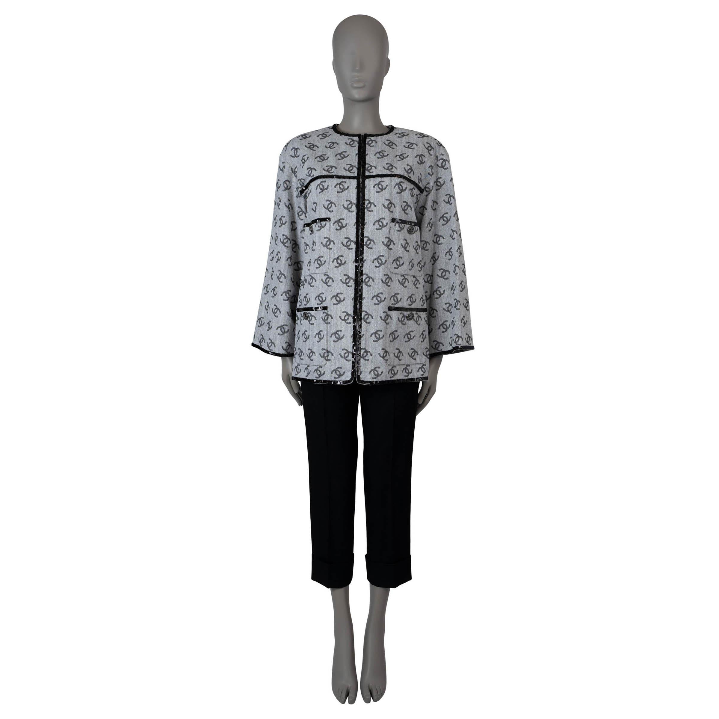 Women's CHANEL grey black cotton 2022 22S ALL-OVER LOGO DENIM Jacket 42 L For Sale