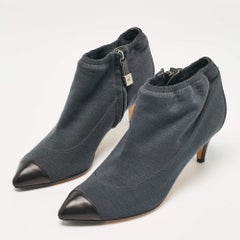 Chanel Grey/Black Fabric and Leather Booties Size 37