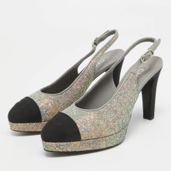 Chanel Grey/Black Glitter and Canvas Cap Toe Slingback Pumps Size 36.5