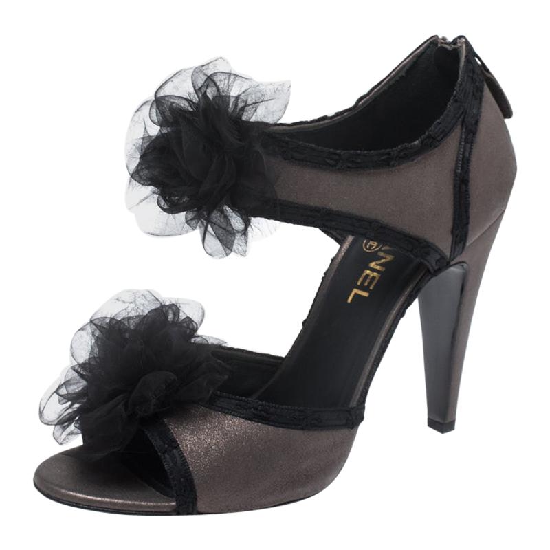 Chanel Grey/Black Nubuck And Satin Tulle Camellia Open Toe Sandals Size 39
