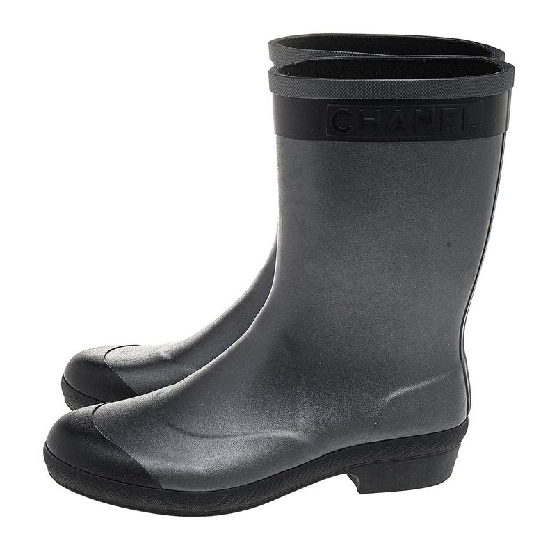 Chanel Grey/Black Rubber Logo Rain Boots Size 39 at 1stDibs