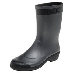 Chanel Grey/Black Rubber Logo Rain Boots Size 39