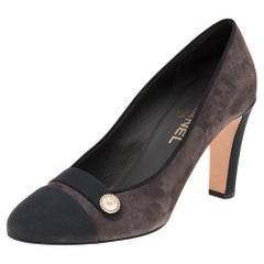 Chanel Grey/Black Suede And Fabric CC Block Heel Pumps Size 39