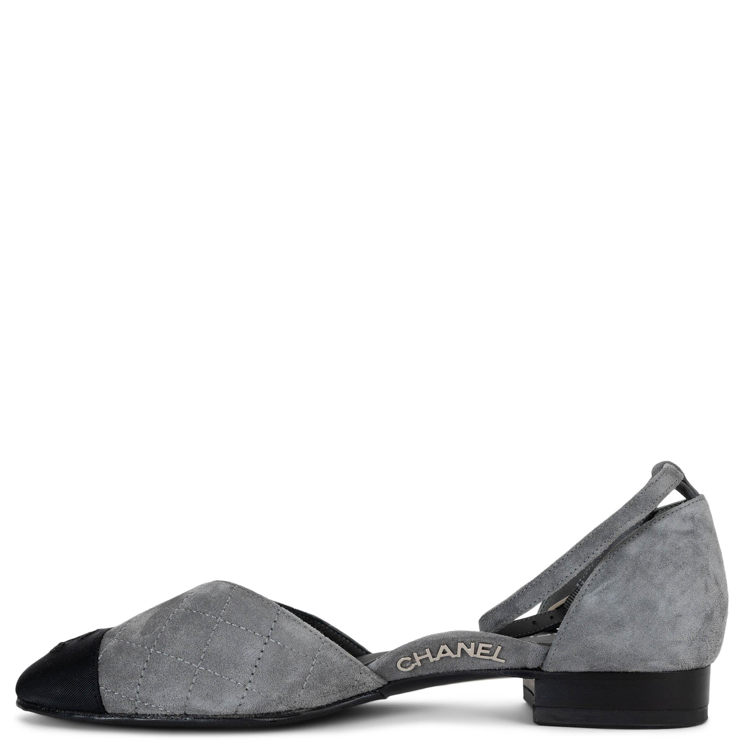 Black CHANEL grey & black suede & grosgrain 20S MARY JANE Flats Shoes 39
