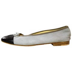 Chanel Grey/Black Suede Lambskin Cap Toe CC Ballerina Flats sz 39.5 rt. $750