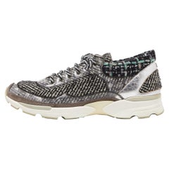 Chanel Grey/Black Tweed and Leather Lace Up Sneakers Size 41