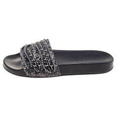 Chanel Grey/Black Tweed And Leather Tropiconic Chain Detail Slides Size 38