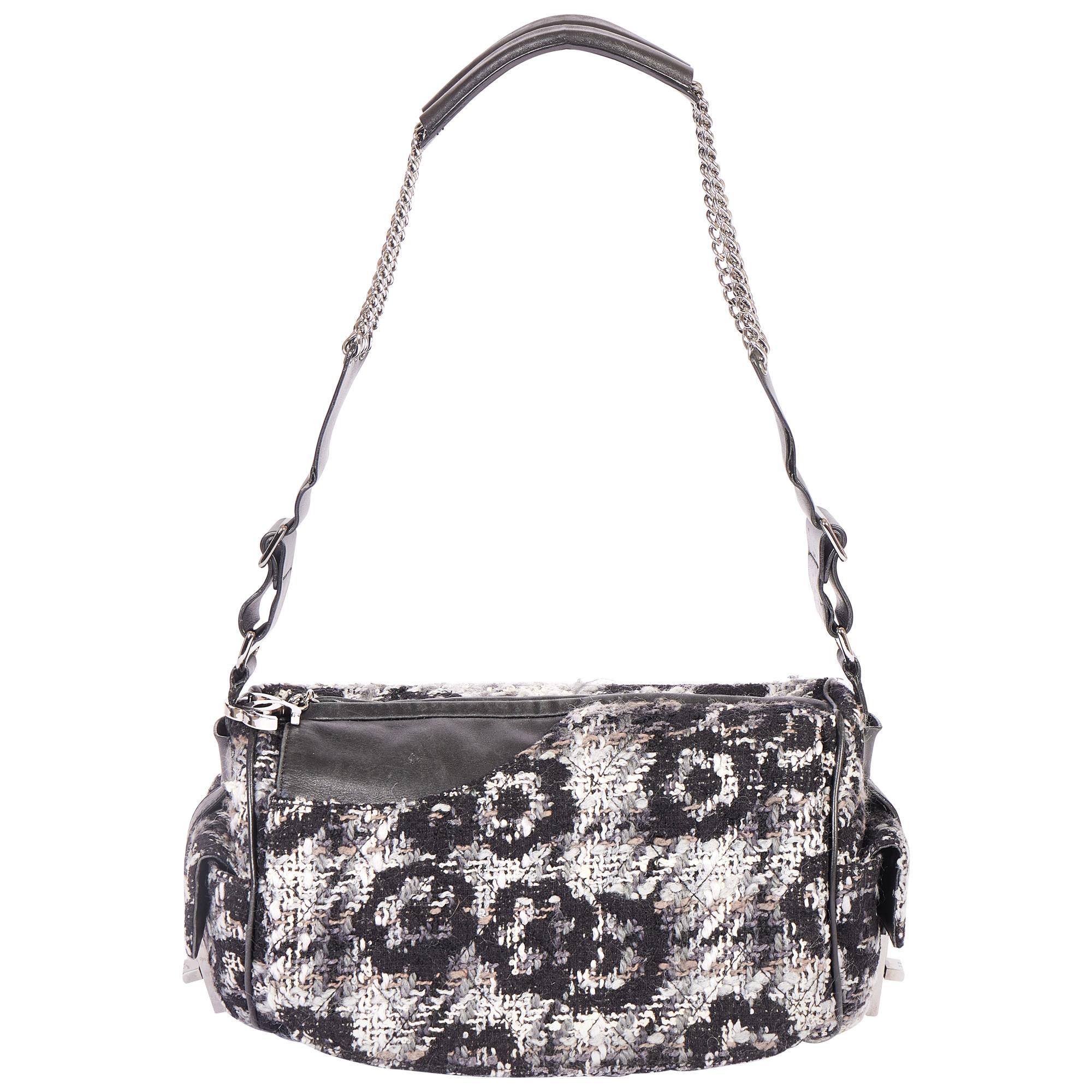 Chanel Grey Black Tweed Shoulder Bag