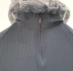Chanel Grey Blue Wool Knit & Mesh Ruffled Turtleneck Sweater