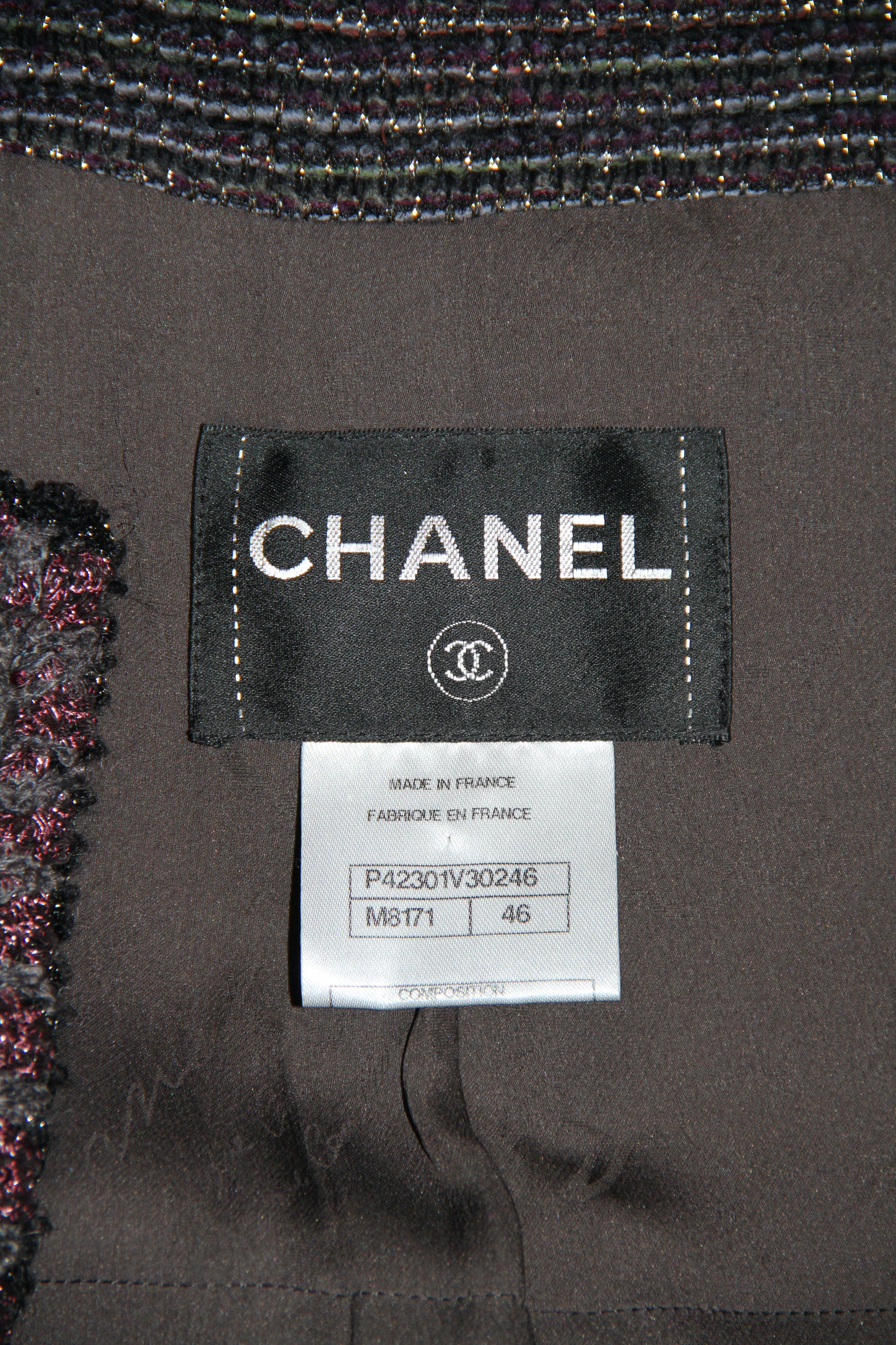 Chanel Grey Burgundy Tweed Coat Fall 2011 Ready to Wear 2