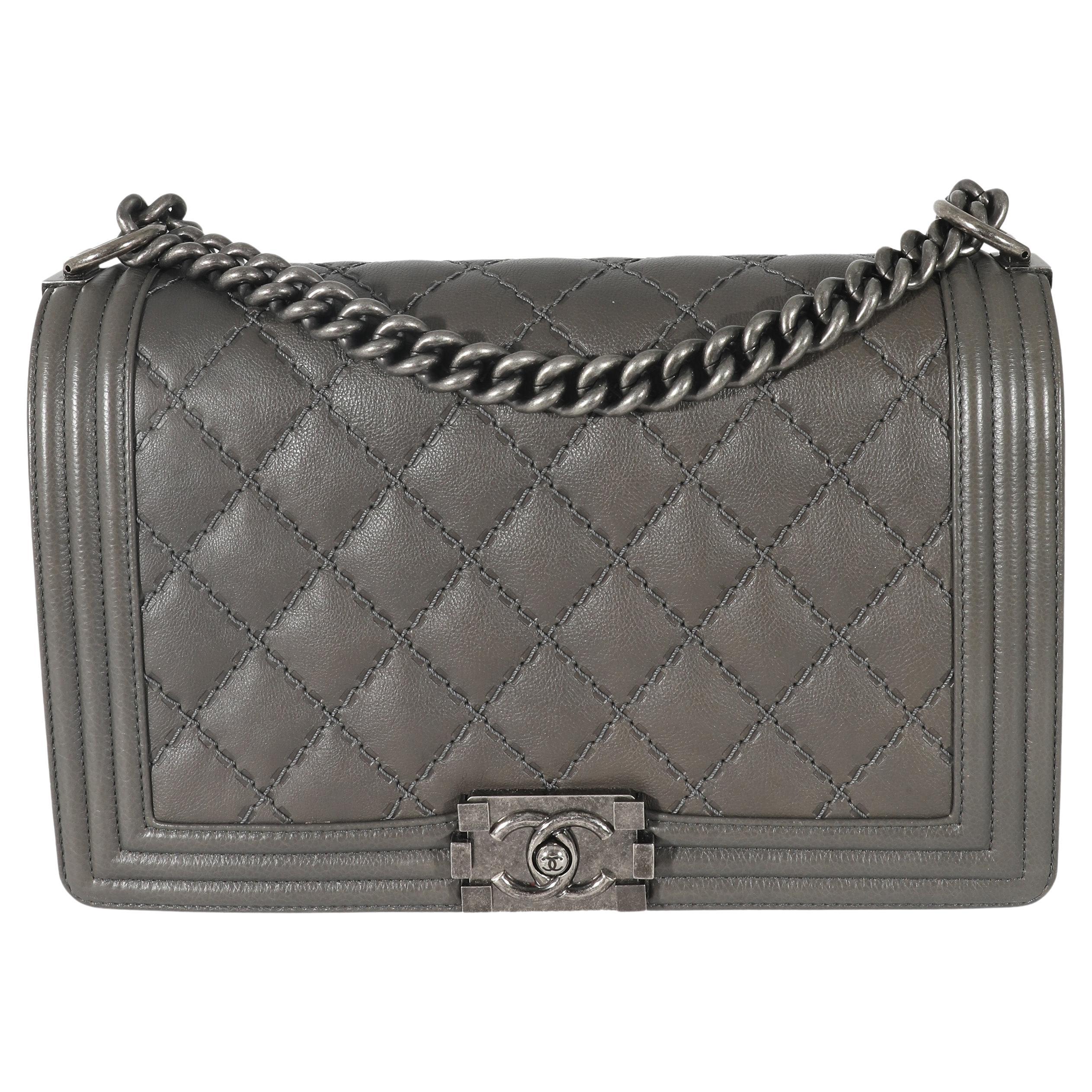 Chanel Grey Calfskin Whipstitch New Medium Boy Bag For Sale at 1stDibs
