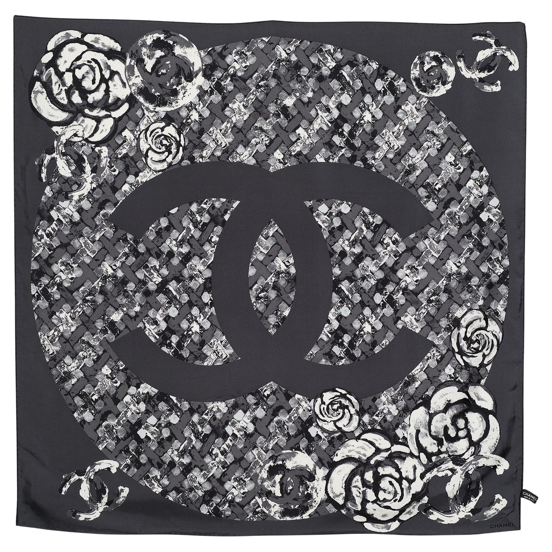 Chanel Grey Camellia Print Silk Scarf
