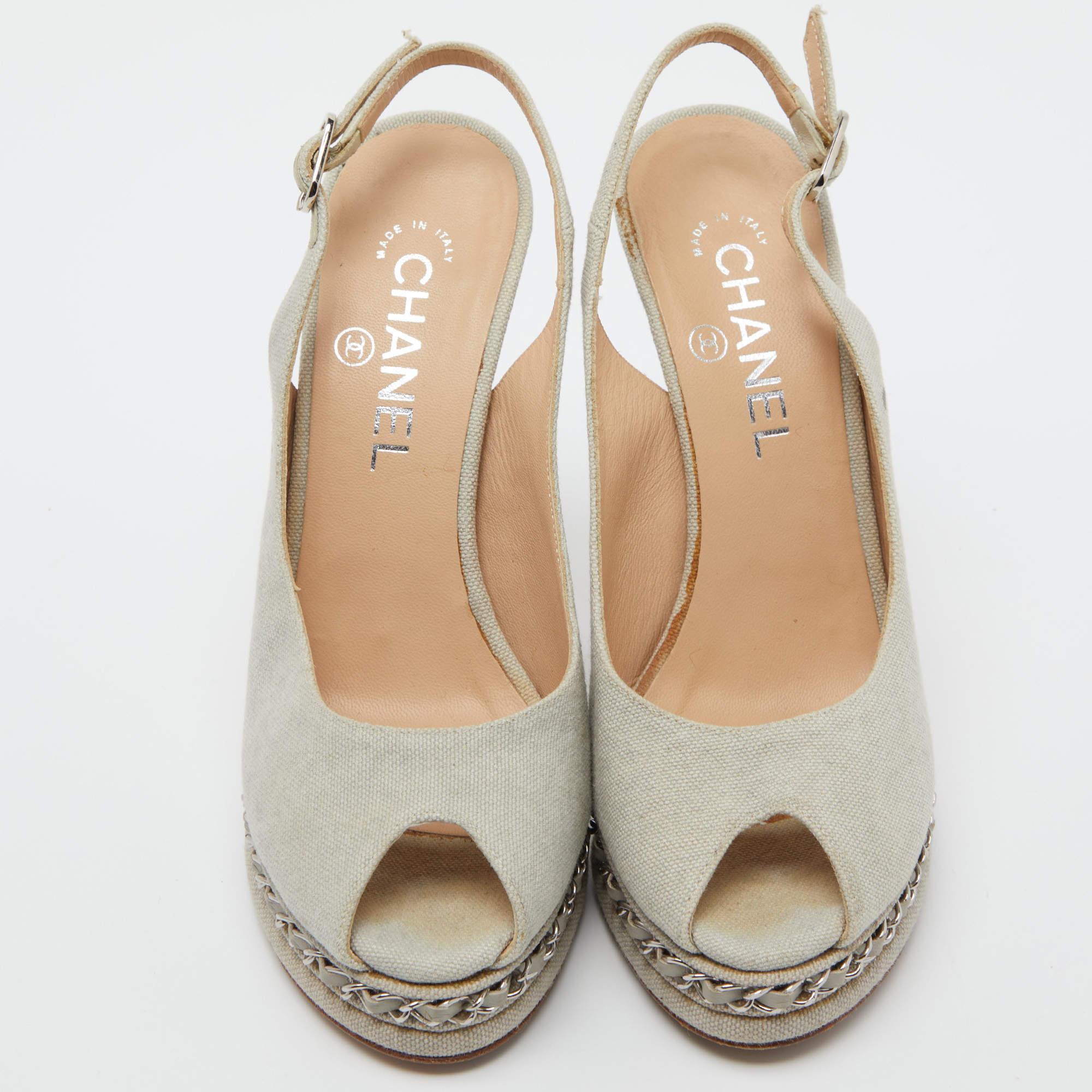 Brown Chanel Grey Canvas CC Chain Link Platform Peep Toe Slingback Pumps Size 37.5