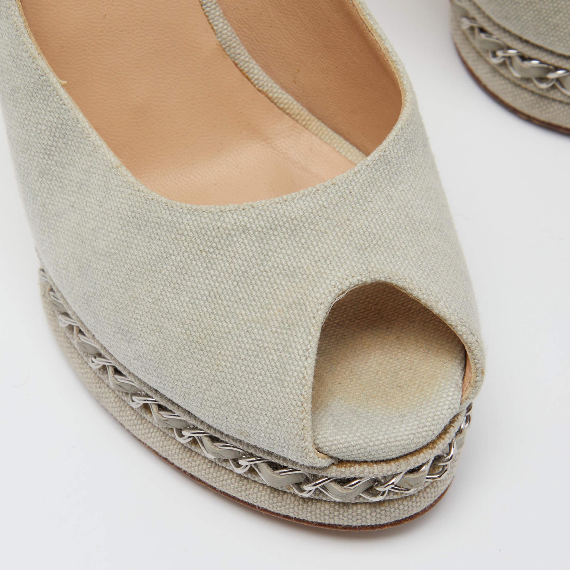 Chanel Grey Canvas CC Chain Link Platform Peep Toe Slingback Pumps Size 37.5 2