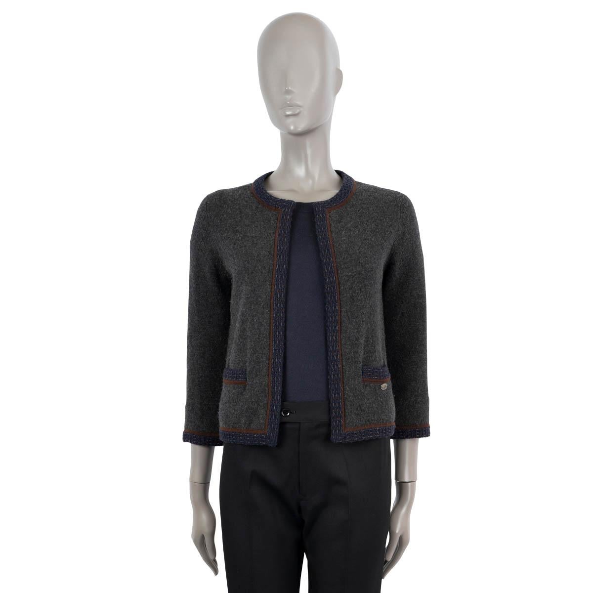 Black CHANEL grey cashmere 2005 05A CONTRAST TRIM OPEN Cardigan Sweater 34 XS For Sale