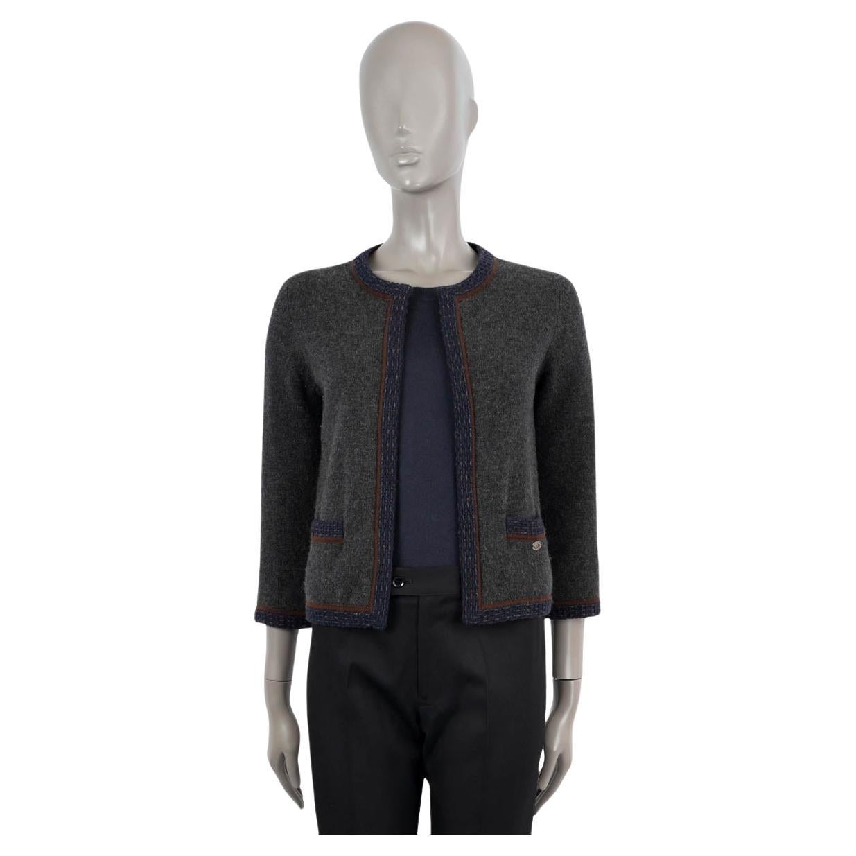 CHANEL grey cashmere 2005 05A CONTRAST TRIM OPEN Cardigan Sweater 34 XS For Sale