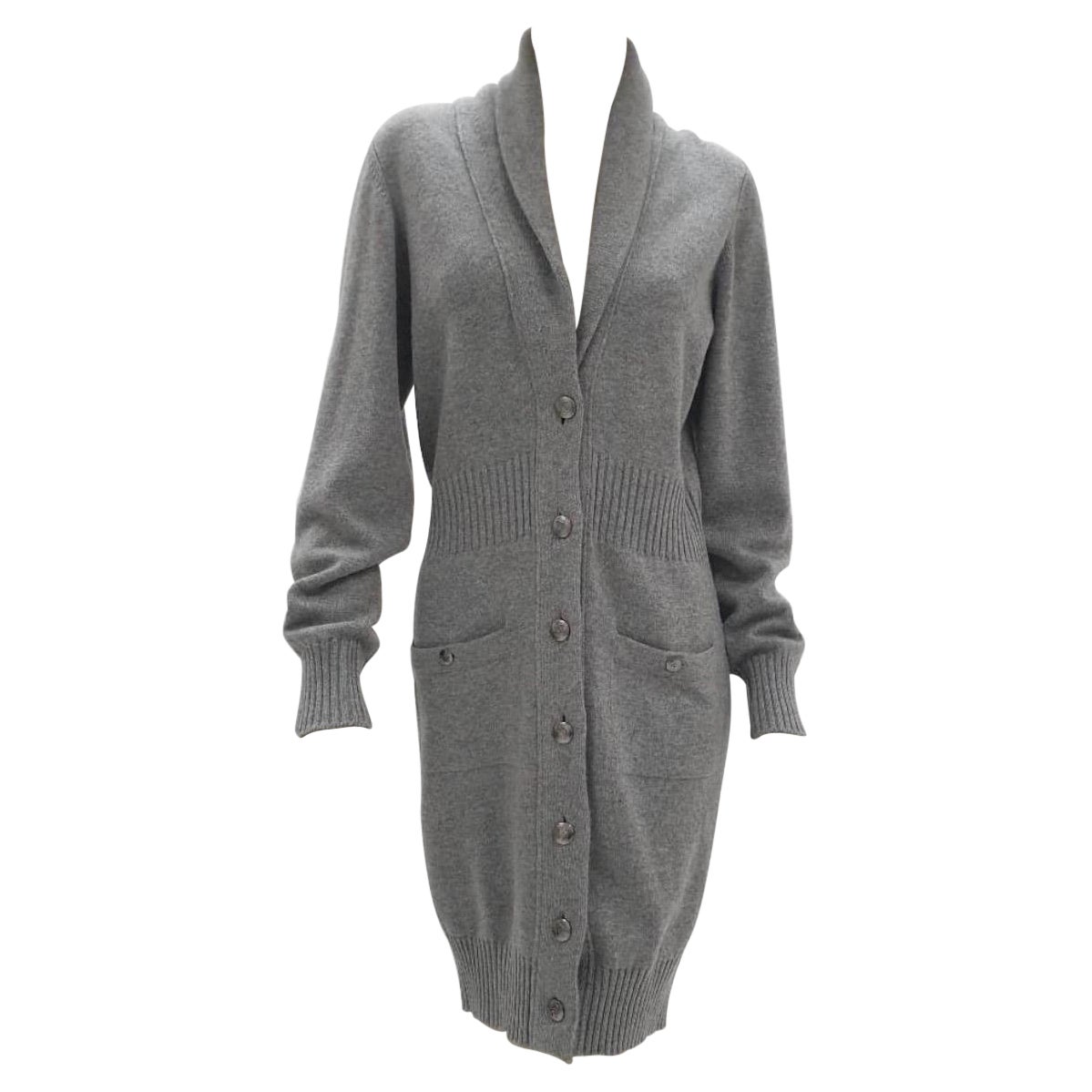 Chanel Grey Cashmere CC Coco Mark Button Shawl Collar Long Knit Cardigan