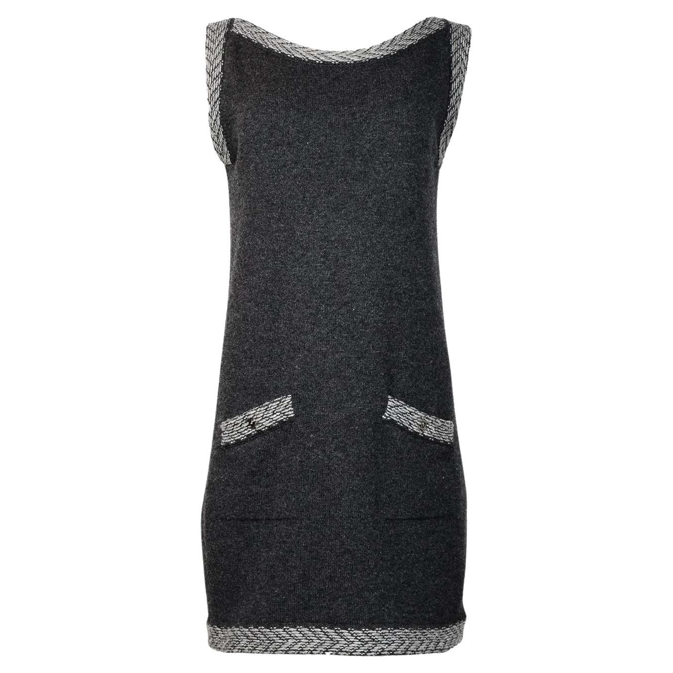 Chanel Grey Cashmere Knit Sleeveless Dress W/ CC Turnkey Pockets 2011 For Sale