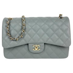 Chanel Grey Caviar Leather Quilted Classic Double Flap Jumbo Bag